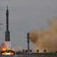 The Shenzhou-12 spacecraft from China’s Manned Space Agency onboard the Long March-2F rocket launches with three Chinese astronauts onboard at the Jiuquan Satellite Launch Center on June 17, 2021 in Jiuquan, Gansu province, China.